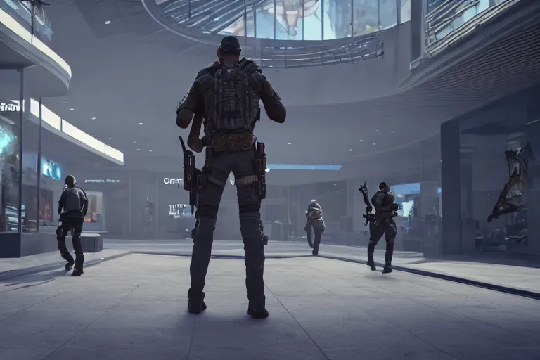 Image similar to photo from behind of a cowboy, carrying a gun, on a futuristic shopping mall, cinematic lightning, ray tracing, unreal engine 5, photorealistic, 8 k, uhd, 4 k, ghost recon breakpoint game concept, extremely detailed, beautiful, elegant, intricate, foggy, in - game footage