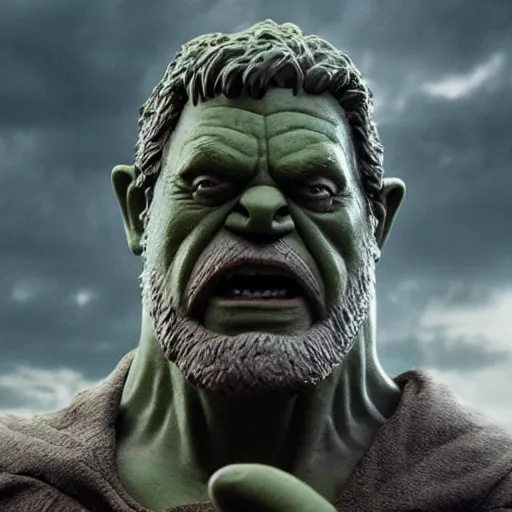 Image similar to the hulk starring as gandalf in lord of the rings, claymation, 8 k, hyperdetalied, cgsociety