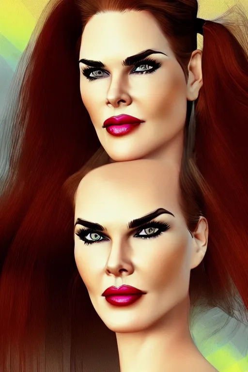 Image similar to mix of beautiful young maria shriver, mariel hemmingway, brooke shields, nicole kidman and elle macpherson as a dominatrix, thin lips, hair tied up in a pony tail, dark blonde hair, colorful, deviantart, artstation, cgsociety