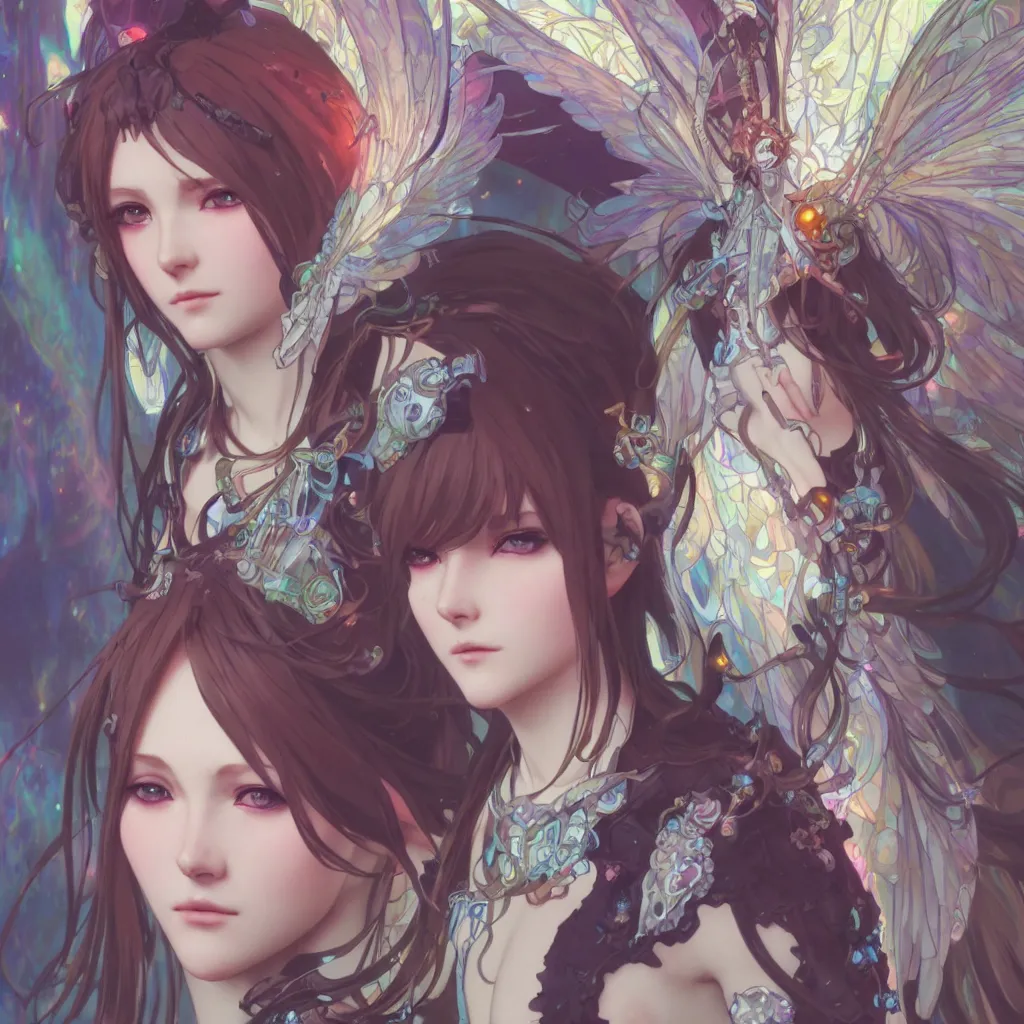 Image similar to 1 krenz cushart and alfons mucha detailed close portrait digital concept of anime cyber fairy, cute, gothic, epic sunbeam and church in background, unreal engine, hyperrealism, cinematic composition, blender render, octane render, hdr, detailed textures, trending on artstation, award winning artwork, 8 k,