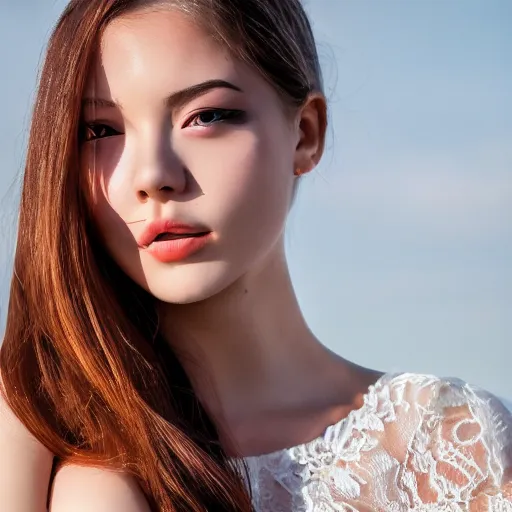 Image similar to young female model photography lace mini skirt beautiful face and body, dramatic light 8 0 mm camera