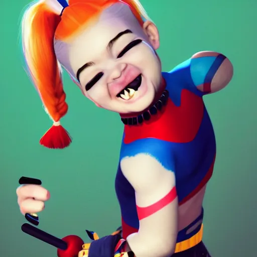Image similar to baby harley quinn with pigtail in hair like pebbles flintstones playing with a magic wand, full body, big head, large smile, pixar style, happy, chill out 4 k trending on artstation