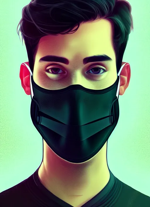 Image similar to handsome young man with black medical mask, half body shot, path traced, highly detailed, high quality, digital painting, alena aenami, lilia alvarado, shinji aramaki, karol bak, alphonse mucha, tom bagshaw