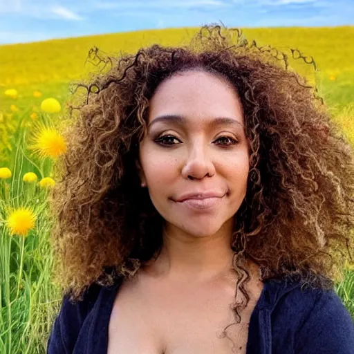 Prompt: a portrait of a beautiful 3 5 year old racially ambiguous woman, curly blond hair, standing in a field of soft focus dandelion flowers on a lovely spring day