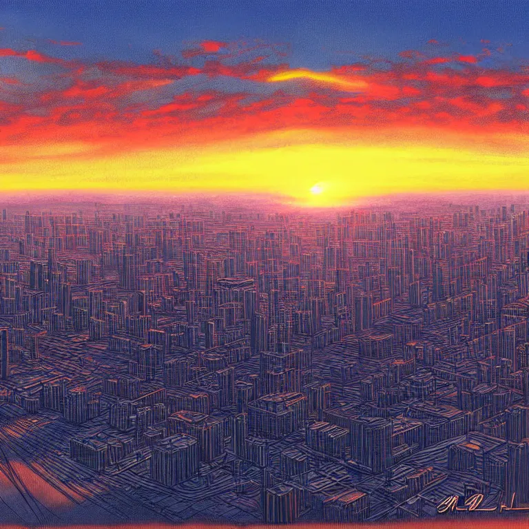 Image similar to birdseye view of a sunrise over a city, art by wain louis