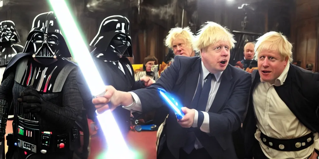Image similar to boris johnson in a intense light saber battle with darf vader