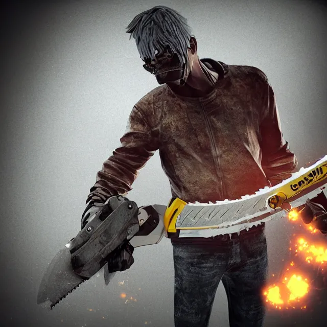 Image similar to chainsaw man with a chainsaw head, dark cinematic, volumetric, realistic, 3 d render, cinematic lighting, ray tracing, cinematic, unreal engine 5, unreal engine render, octane render, hyper realistic, photo, 8 k
