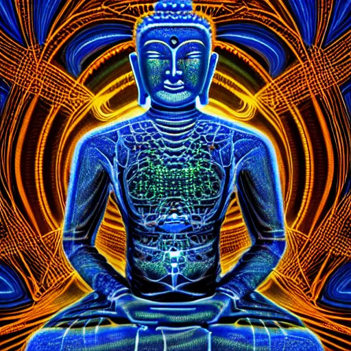 Image similar to robotic lifeform buddha meditating in front of a beautiful fractal neural network :: photo-realistic