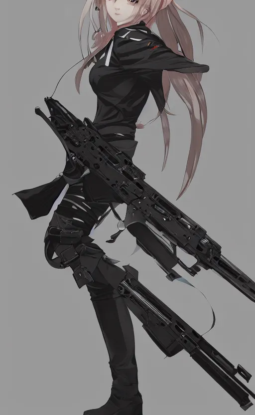 Image similar to highly detailed, high resolution, character design art, stunning, volumetric lightning, realistic guns, girls frontline style, matte, sharp focus, 150mm, illustration, artstation, by kuvshinov ilya, professional result, realistic anatomy, simple design, masterful coloring, single subject