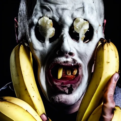 Prompt: photo of a horror villain eating a banana, he is sad that his dark clothes are covered in banana peels.