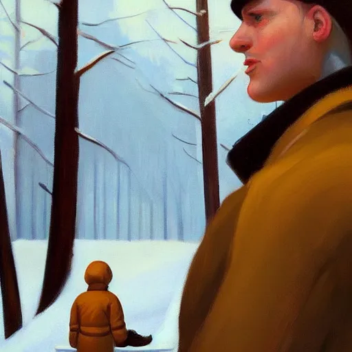 Image similar to a brown haired man wearing a snow suit, detailed, edward hopper, trending on artstation,