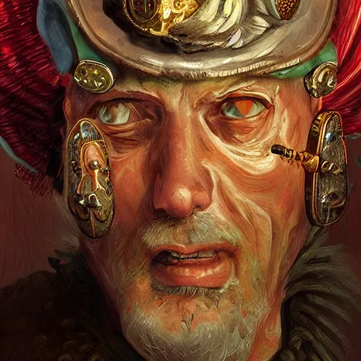 Prompt: portrait headshot digital painting of a old 17th century old cyborg merchant amber jewels baroque ornate clothing scifi hyper realistic