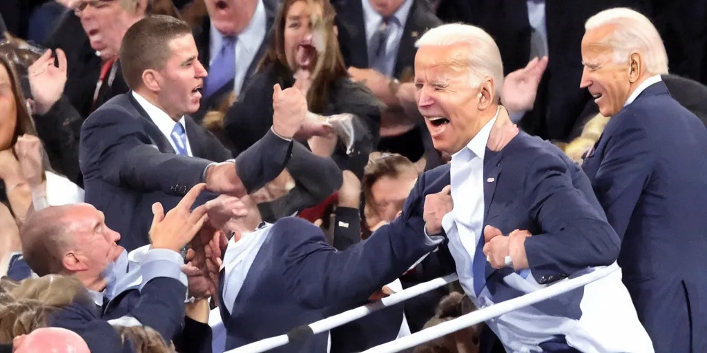 Image similar to joe biden hit with chair at wrestlemania, detailed facial expressions, hyper detailed