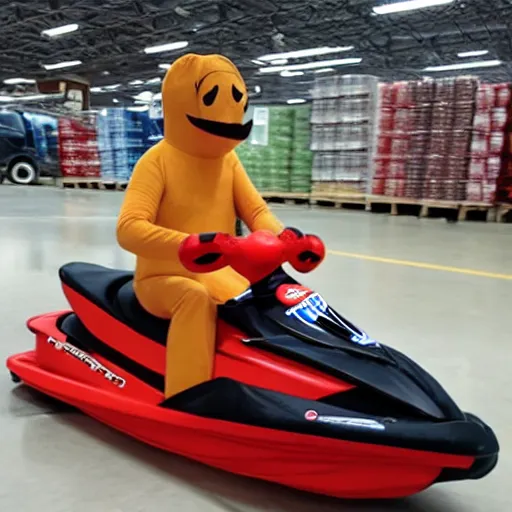 Prompt: man in hotdog suit driving jetski in Costco