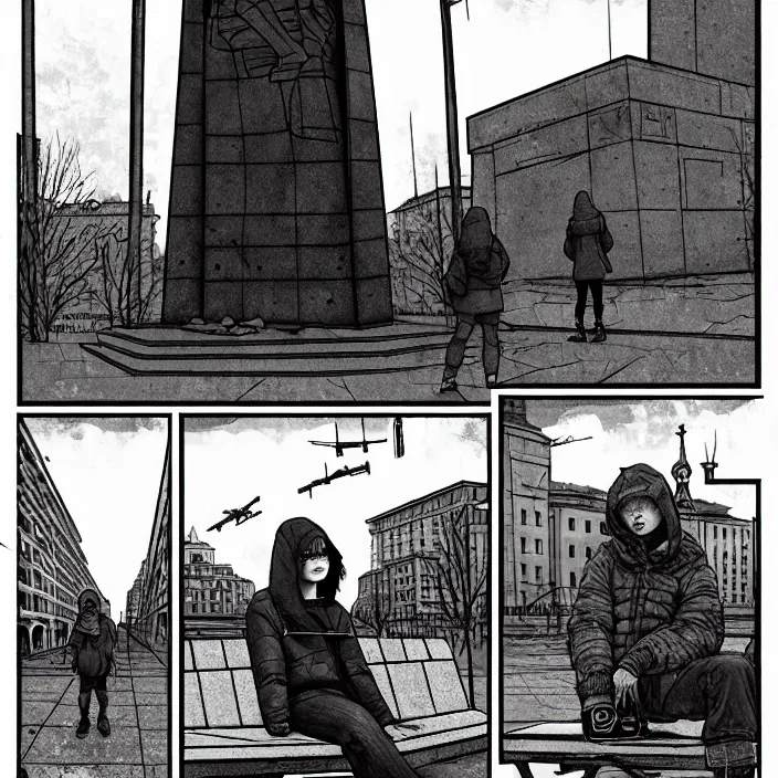 Image similar to storyboard : sadie sink in hoodie sits on bench in ruined square, pedestrians walk by, soviet monument and propaganda posters. scifi cyberpunk. by gabriel hardman. cinematic atmosphere, detailed and intricate, perfect anatomy