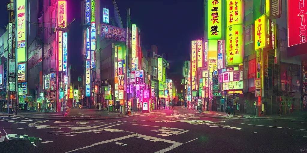 Prompt: HDRI panorama, Tokyo at night, neon lights, street signs, street lights, traffic lights, featured on artstation