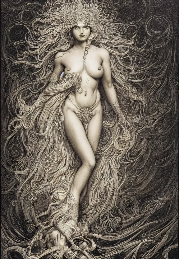 Image similar to full body front view of a beautiful biomechanical moon goddess, flowing hair, intense stare, sweet smile, concept art, intricate detail, volumetric shadows and lighting, psychedelic colors, realistic oil painting by gustave dore,