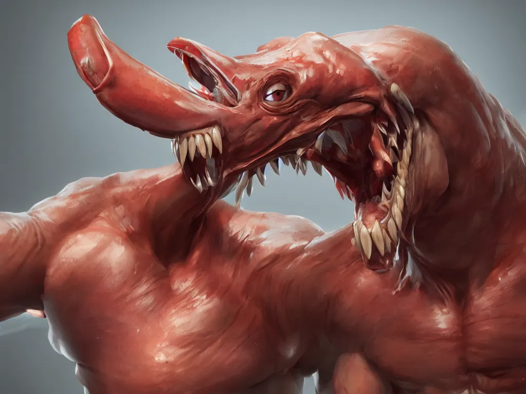 Prompt: game concept art, muscular, shrimp head, sharp teeth, hyperrealism, artstation, cgsociety, zbrush, no background