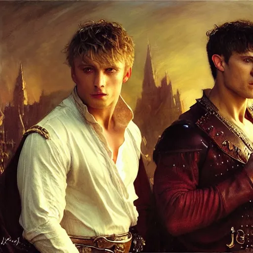 Image similar to manly arthur pendragon and manly merlin. focus on their faces. natural lighting. highly detailed painting by gaston bussiere, j. c. leyendecker, greg rutkowski 8 k