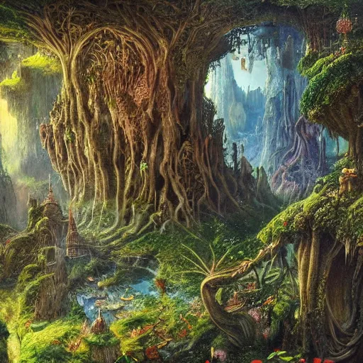 Image similar to a beautiful and highly detailed oil painting of a secret fairy land hidden deep in the lush mountains, wooden structures, intricate details, epic scale, insanely complex, 8 k, sharp focus, hyper realism, fantasy landscape, psychedelic, by caspar friedrich and brian froud,