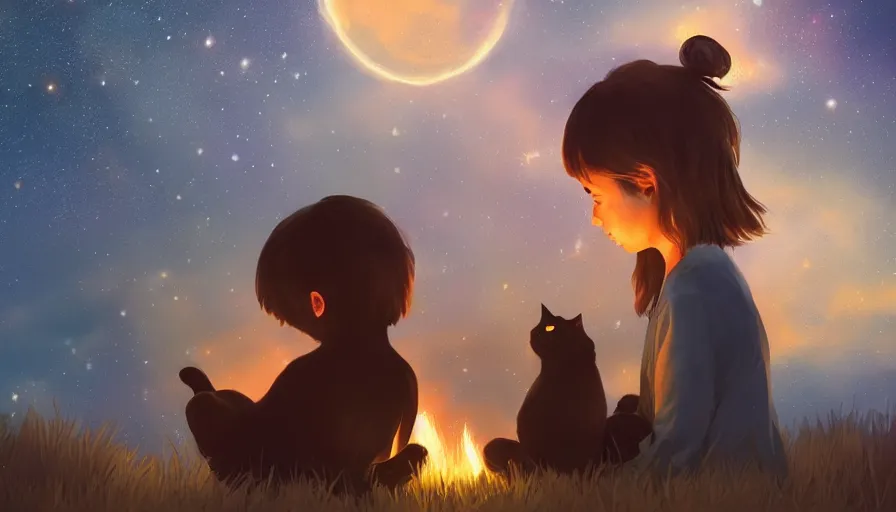 Image similar to a girl and a black cat looking at the stars, campfire, night, stardust, hyperdetailed, artstation, cgsociety, 8 k