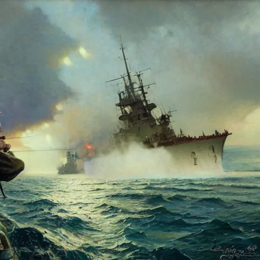 Image similar to detailed cinematic wide shot of swedish sea captain back view seeing his world war 2 battle ship attacking denmark, ultra realistic, spring light, painting by gaston bussiere, craig mullins, j. c. leyendecker