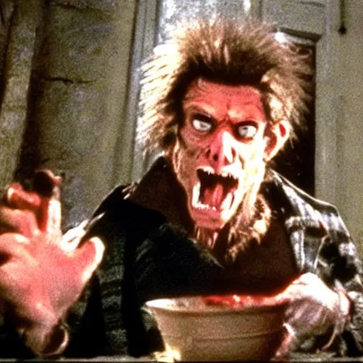 Image similar to film still of a funny looking werewolf extending out his hand, asking for food, in an american werewolf in london