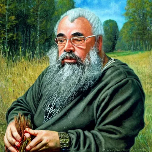 Image similar to Gary Gygax Gary Gygax plays dungeons and dragons in the middle of a field, Rye (Shishkin), painting by Ivan Shishkin, Ernest Gary Gygax face, photo by Gary Gygax, painting by Valentin Serov, oil painting