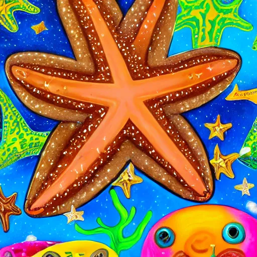 Prompt: a painting of a giant brown starfish with the words c and starfish in big letters. children in a school band playing nearby, playing instruments. realistic. ultra detailed. art by lisa frank