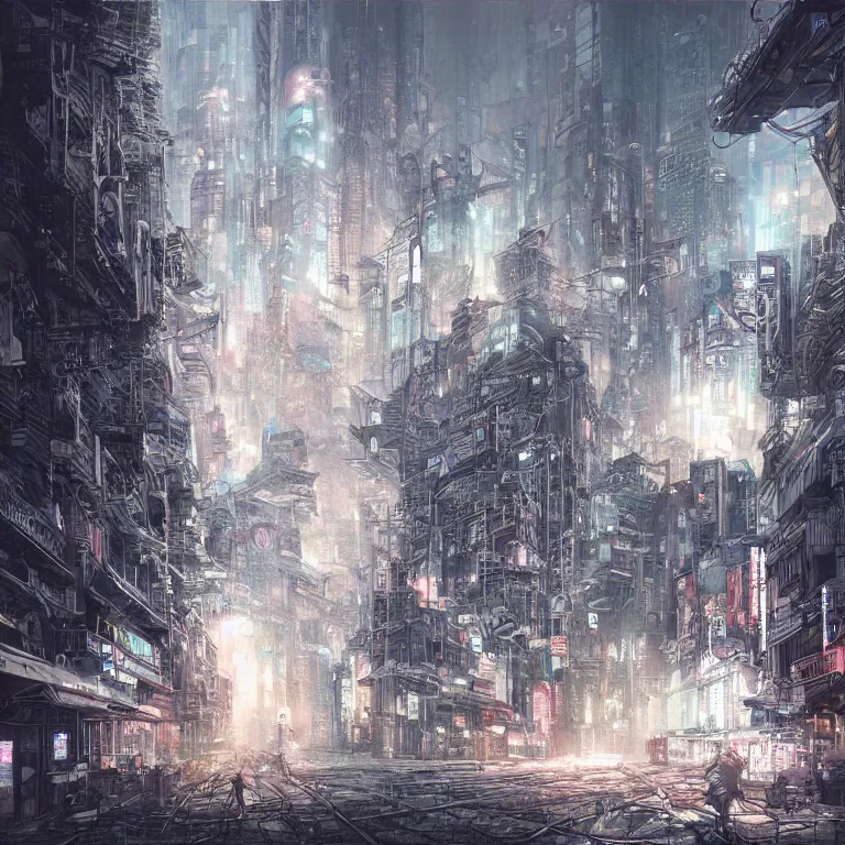 Image similar to cyberpunk depiction of the city of gdansk during arctic conditions by yoshitaka amano