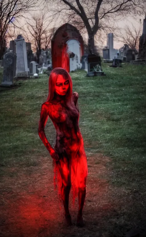 Image similar to a full shot photo of a translucent woman, invisible, streets, ghost, creepy, horror, scary, stressful, caucasian, feminine, nighttime, cemetery, bloody, blood everywhere, very bloody, glow up, realistic, 8 k, hdr, extremely detailed