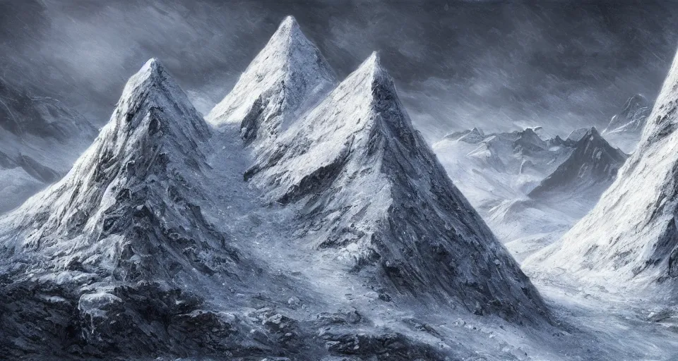 Prompt: snowy mountain, by eugene von guerard, ivan shishkin, black lovecraftian obsidian fortress pyramid!! on a snowy mountaintop, night, red lightning!!, dramatic lighting, concept art, trending on artstation, 8 k