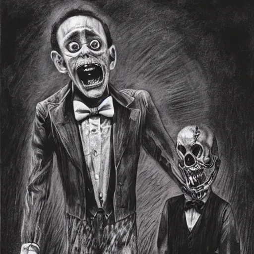 Prompt: Steve Urkel wearing a bowtie and suspenders scared in a graveyard chased by a demon, creepy, spooky, horror, ink, highly detailed illustration, Stephen Gammell