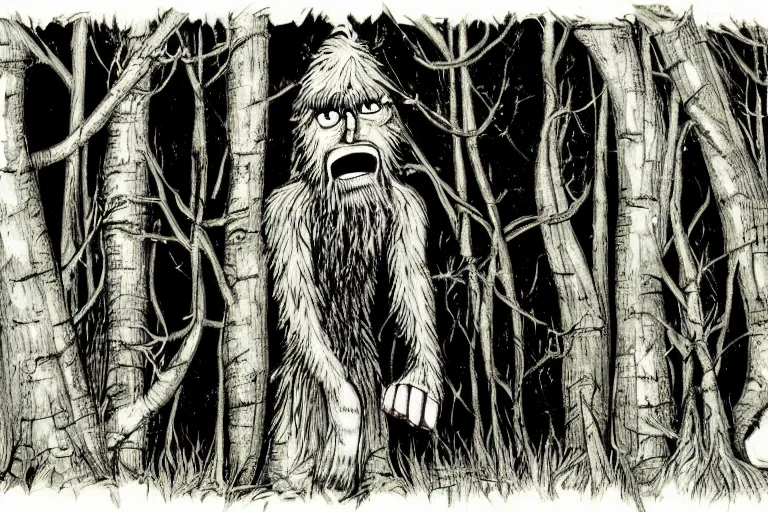 Image similar to mad bigfoot screaming in the woods artwork by ben templesmith