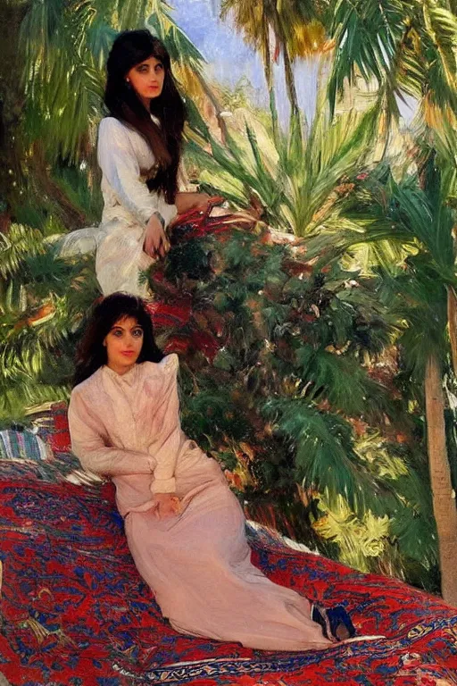 Image similar to gorgeous iranian girl with detailedly skirt lay down on a detailed persian carpet, tree palms in background, painting by john singer sargent