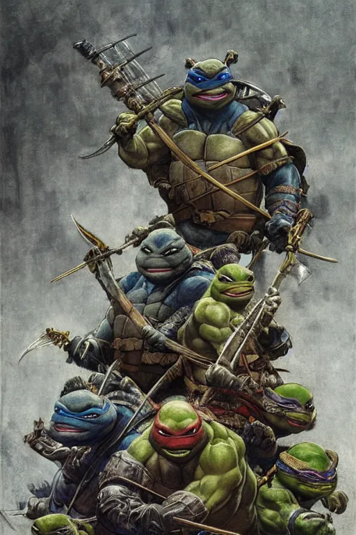 Prompt: portrait of a ninja turtles across the ages , frazetta themed, in style of Valentin Serov, in style of Ruan Jia, insanely detailed and intricate, golden ratio, elegant, ornate, luxury, elite, matte painting, cinematic, cgsociety, James jean, Brian froud, ross tran, Laputa