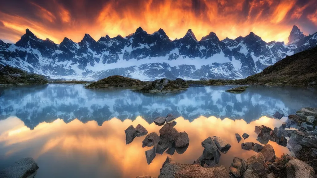 Image similar to amazing landscape photo of mountains with lake in sunset by marc adamus, beautiful dramatic lighting