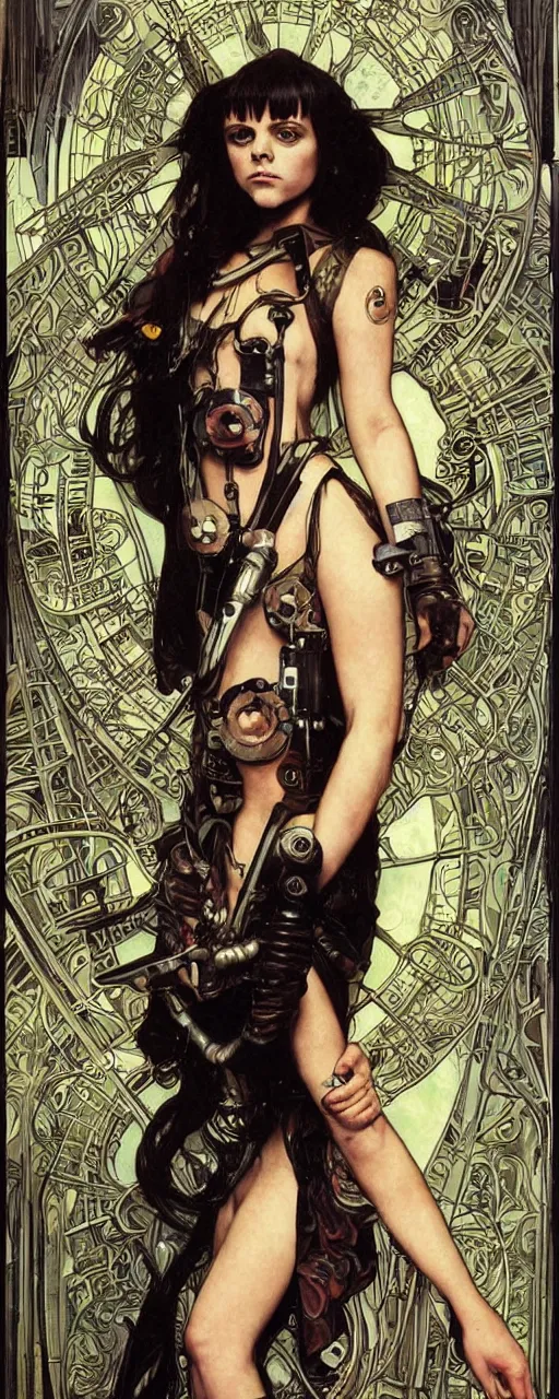 Image similar to striking sensual industrial art nouveau style portrait of christina ricci as a cyberpunk heavy metal rebel soldier by travis charest, simon bisley and alphonse mucha, photorealism, extremely hyperdetailed, perfect symmetrical facial features, perfect anatomy, ornate declotage, weapon, latex, excited expression, wild eyes