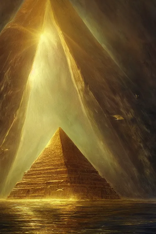 Image similar to A beautiful painting of huge underwater pyramid of gold, lots of whales, ultra wide angle, dramatic lighting, epic, by alan lee and john howe, 4k, Trending on artstation, 35mm film, anamorphic look, Lens flares