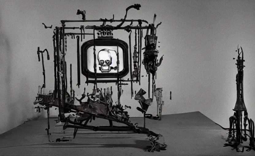 Image similar to photograph of a skull machine built by basquiat perfect composition masterpiece dramatic lighting