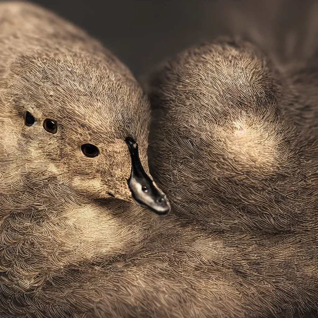 Prompt: hyperrealistic professional photo of a baby duck, obfuscate light, intricate, captivating eyes, delicate, classicism style, intricate details, digital art, portrait, 8 k resolution