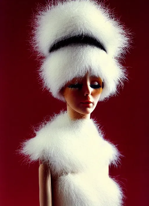 Image similar to realistic photo of a human model doll made of wood and covered with white dots, with a birds beak instead of the nose, white hairs and fluffy fur, center straight composition, front view 2 0 0 0, life magazine photo, museum archival photo