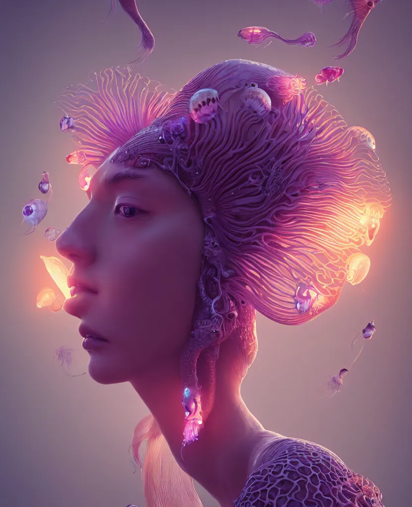 Image similar to goddess close-up portrait. orchid jellyfish phoenix head, nautilus, skull, betta fish, bioluminiscent creatures, intricate artwork by Tooth Wu and wlop and beeple. octane render, trending on artstation, greg rutkowski very coherent symmetrical artwork. cinematic, hyper realism, high detail, octane render, 8k