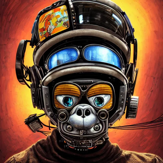 Image similar to a portrait of an anthropomorphic cyberpunk orangutan in a motorcycle helmet by sandra chevrier, detailed render, tape deck, boombox, headphones, epic composition, cybernetics, 4 k realistic, cryengine, realistic shaded lighting, sharp focus, masterpiece, by matteo scalera, gary montalbano, peter elson in the style of the tokyo ghost comic