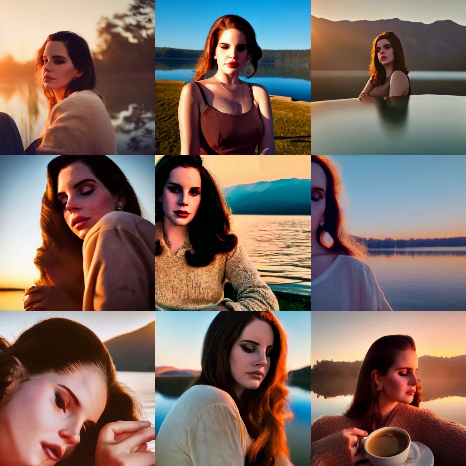 Prompt: close - up portrait of sleepy lana del rey, morning golden hour, steaming coffee, mystical lake view vista