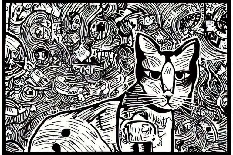 Image similar to cat, art by mcbess