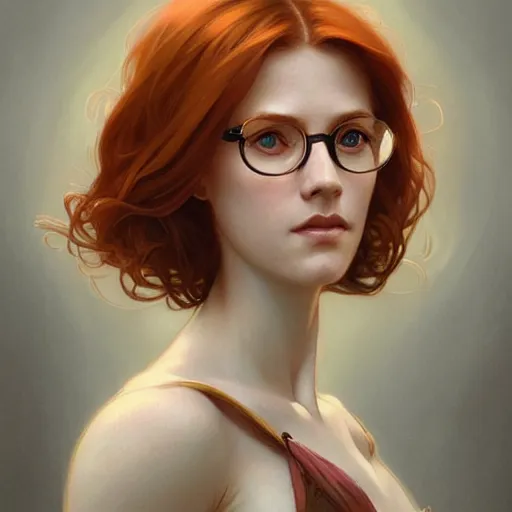 Prompt: portrait of a ginger woman with glasses, realism, intricate, elegant, highly detailed, digital painting, artstation, concept art, matte, sharp focus, illustration, art by artgerm and greg rutkowski and alphonse mucha