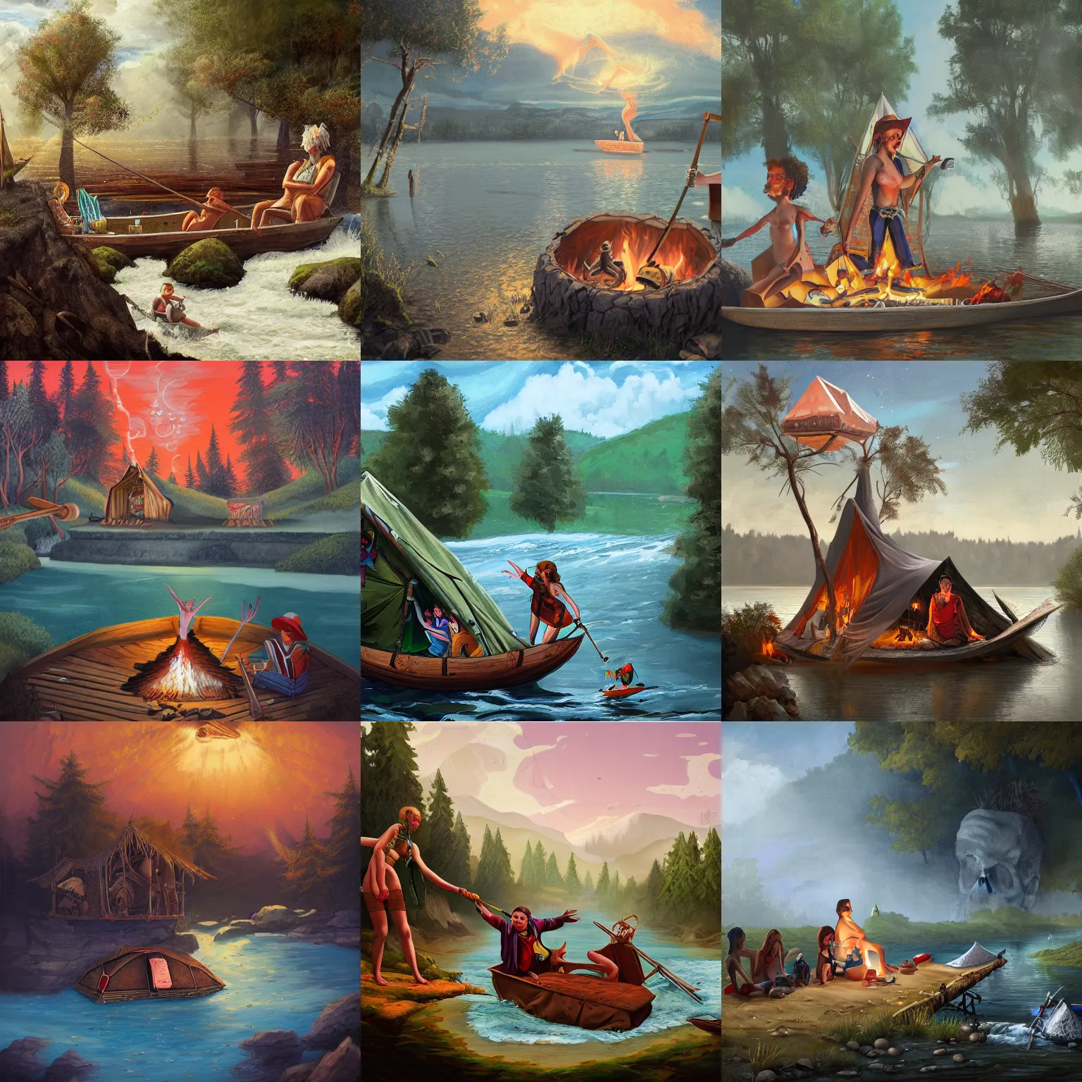 Prompt: 'Glamping by the River Styx', satirical painting, viral trending on artstation, ultra detailed, Dan Koberlain, Brenda Posseri