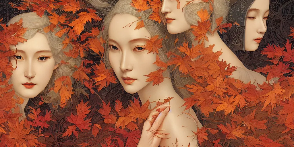 Image similar to breathtaking detailed concept art painting art deco pattern of blonde goddesses faces amalgamation autumn leaves, by hsiao - ron cheng and john james audubon, bizarre compositions, exquisite detail, extremely moody lighting, 8 k