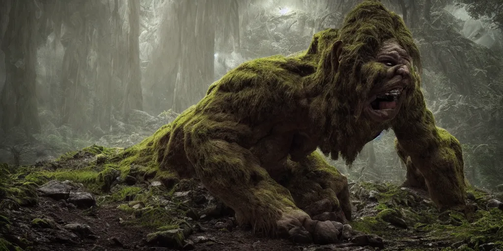 Image similar to a giant cave troll in a scary forest in the style of lord of the rings, 8 k, moody lighting, shallow depth of field, raytracing,